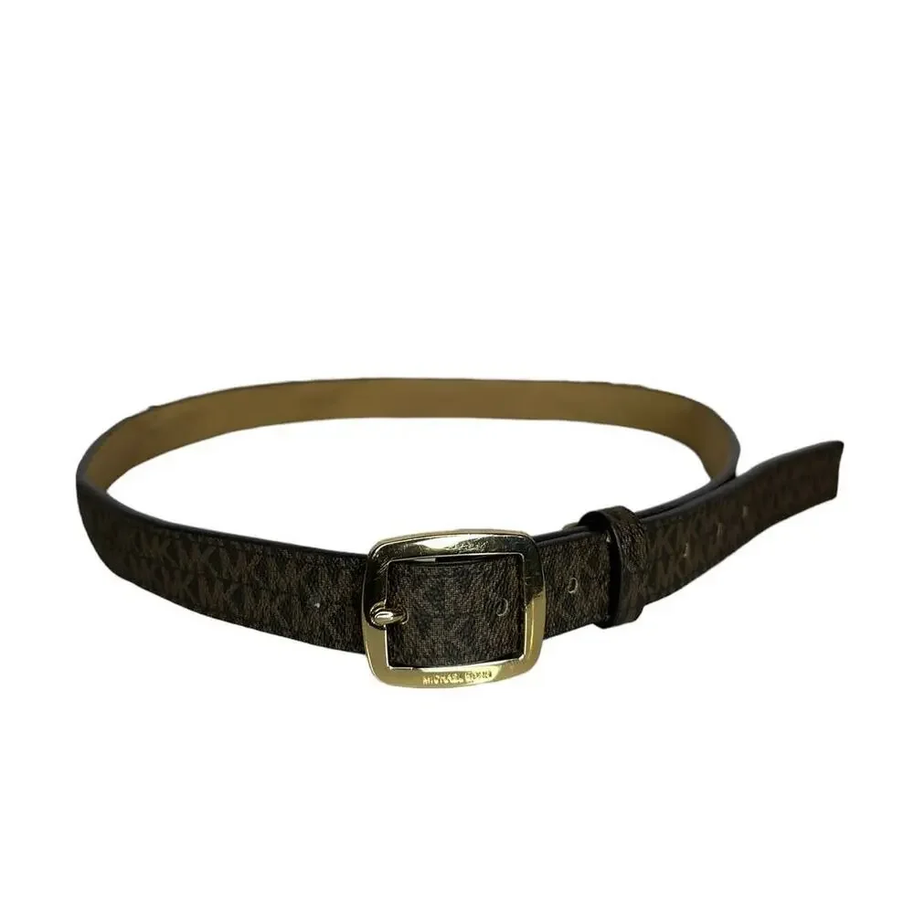 EOC Michael Kors MK Brown Logo Belt Size Large Gold Buckle Dark Brown